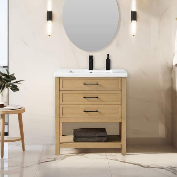 SUDIO Oliver 30 in. W x 18 in. D x 34 in. H Bath Vanity in Light Oak with White Ceramic Vanity Top