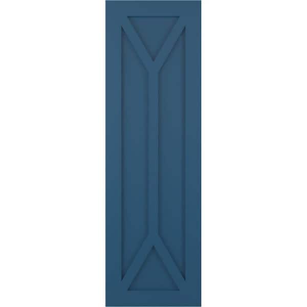 Ekena Millwork 12 in. x 30 in. Flat Panel True Fit PVC San Carlos Mission Style Fixed Mount Shutters Pair in Sojourn Blue