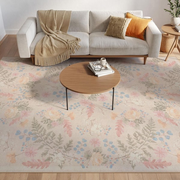 Botanical Washables Beige Multicolor 4 ft. x 6 ft. Floral Contemporary Area Rug