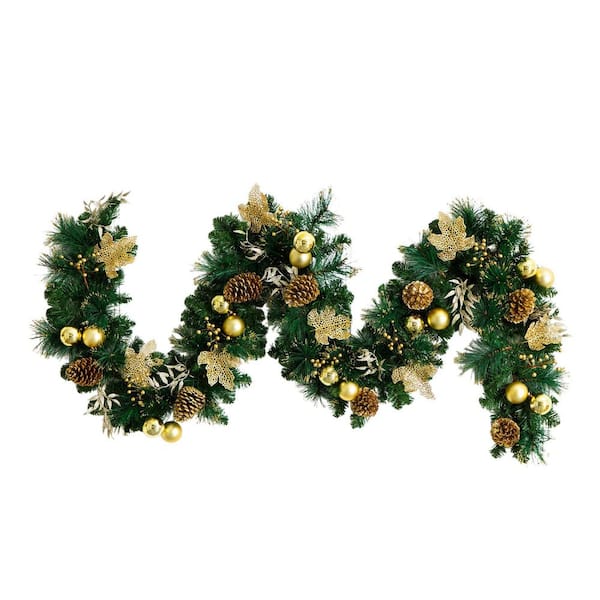 9 ft. Pre-Lit Artificial Golden Frosted Christmas Garland with 50-Warm White LED Lights Pinecones, Berries and Ornaments