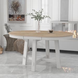 Extendable Oak Natural Wood and Antique White Wood 58 in. 4 Legs X-shaped Base Dining Table Seats 6 with 16 in. Leaf