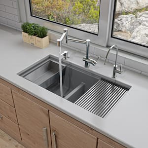 34 in. Undermount Double Bowl Granite Composite 50/50 Kitchen Sink in Titanium