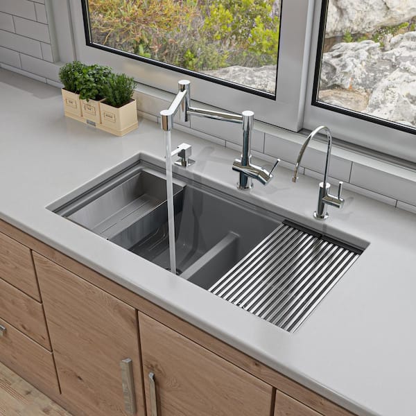 ALFI BRAND 34 in. Undermount Double Bowl Granite Composite 50/50 Kitchen Sink in Titanium