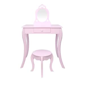 Single Round Mirror Purple Makeup Children Vanity Table Sets with Drawer
