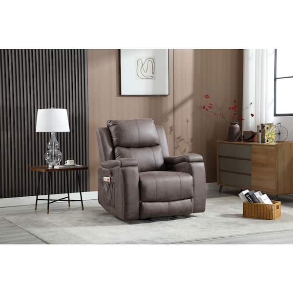 39 in.W Recliner Brown Oversized Faux Leather Heated Massage Power Recliner Sofa with Adjustable Footrest and Cup Holder