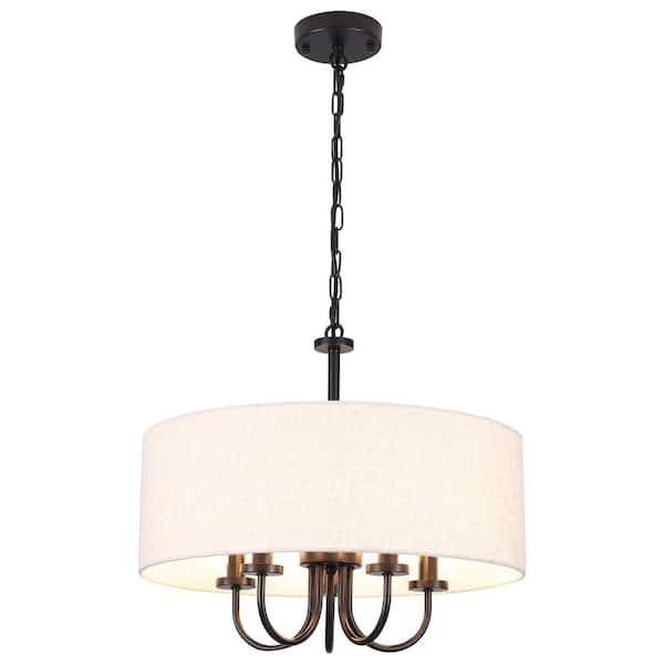 19.09 in. 5-Light Black Modern Drum Candlestick Chandelier Farmhouse Pendant-Light with Coth Shade
