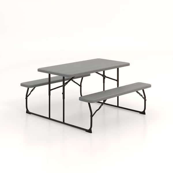 Boyel Living 59 in. Gray Rectangle Stainless Steel Folding Picnic Table Bench Set with Wood-like Texture