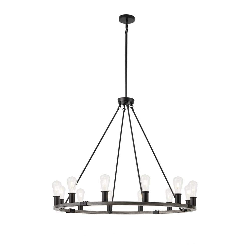 39.37 in. 12-Light Black Farmhouse Wagon Wheel Chandelier Rustic Industrial