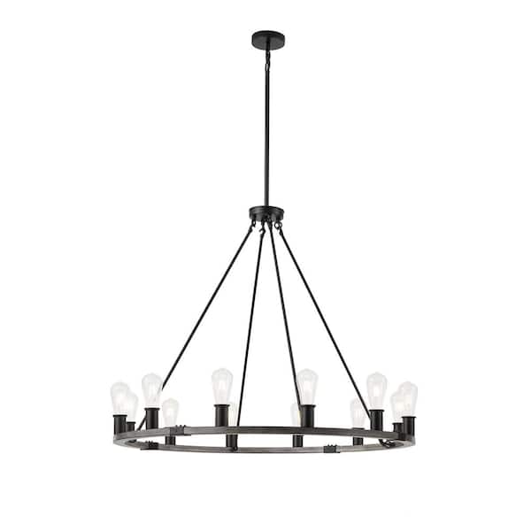 aiwen 39.37 in. 12-Light Black Farmhouse Wagon Wheel Chandelier Rustic Industrial Hanging Ceiling Light