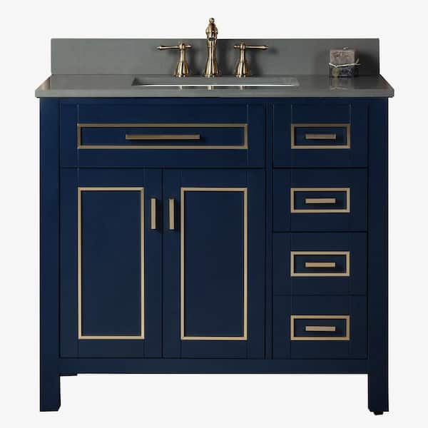 WOODBRIDGE Millan 37 in.W x 22 in.D x 38 in.H Bath Vanity in Navy Blue with Dark Gray Engineered stone Vanity Top with White Sink