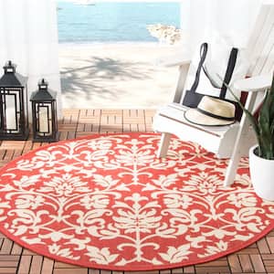 Courtyard Red/Natural 5 ft. x 5 ft. Round Floral Indoor/Outdoor Patio  Area Rug
