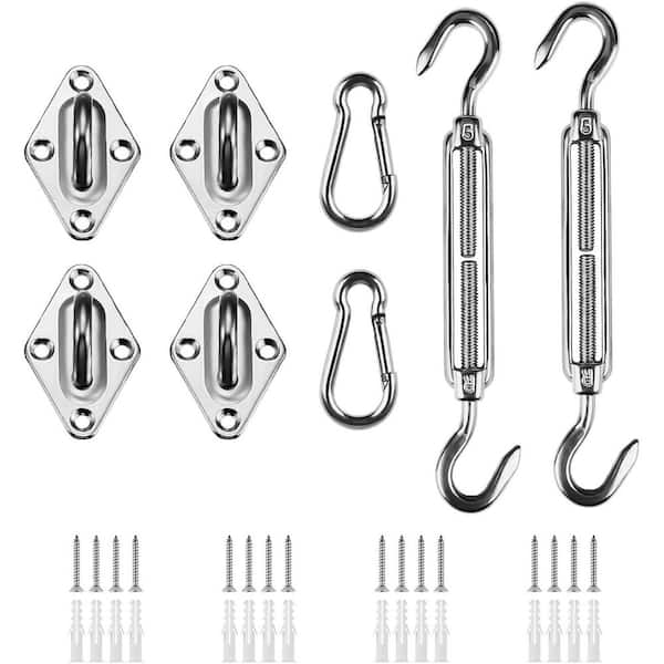 Stainless Steel Sun Shade Sail Hardware Kit with Tension Screws, Carabiners, and Wall Brackets for Garden