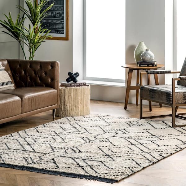 Carlina Beige 5 ft. x 8 ft. Modern Geometric Soft Shag Fringe Indoor Area Rug