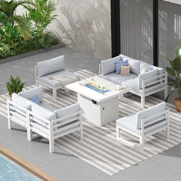 Unbranded 7-Piece White Aluminum Patio Conversation Set Fire Pit Patio Sets with Aluminum Fire Pit Table, Light Gray Cushions