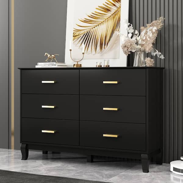 FUFU&GAGA Black Wooden 47.2 in. Width Sideboard, Storage Cabinet with 6-Drawers, Golden Handle & 5 Wooden Legs
