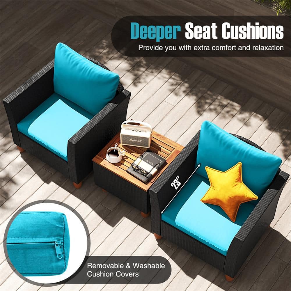 Patio wicker set highlighting deeper seat cushions and removable covers.