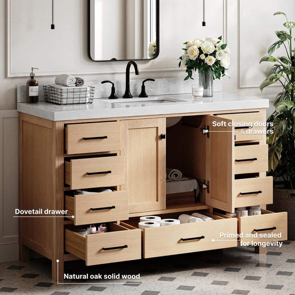 Cambridge 54'' Oak Single Bathroom Vanity with Carrara Marble Top