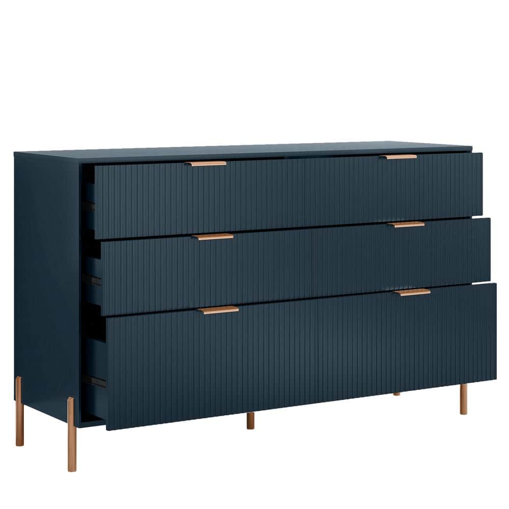 Navy Double Dresser with Soft Close Drawers and Gold Accents