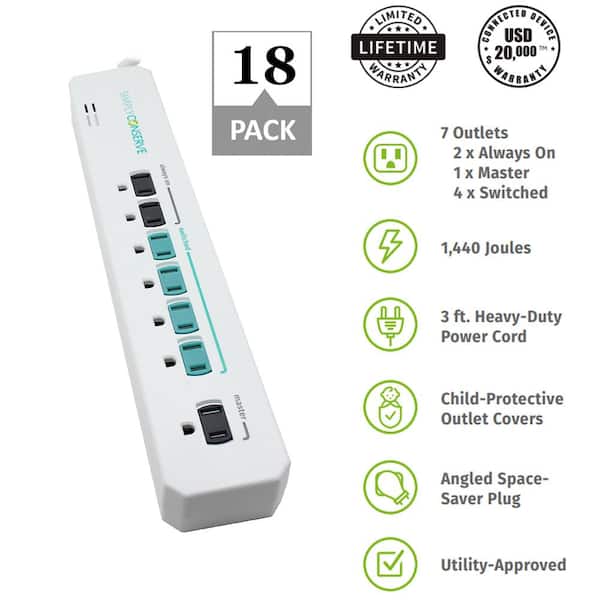 3 ft. 7-Outlet Energy-Saving Advanced Surge Protector (18-Pack)