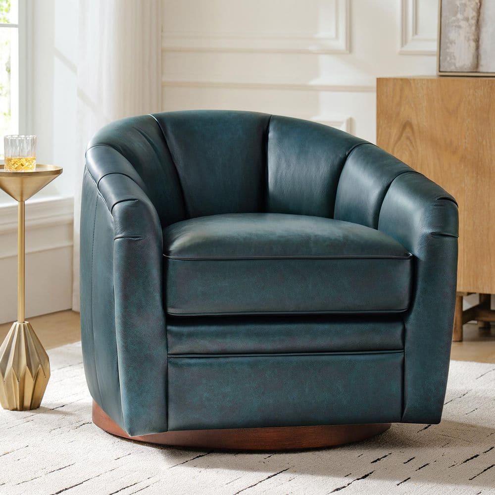 Piana Navy Genuine Leather Accent Chair with Swivel