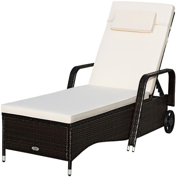 Costway Black Rattan Wicker Outdoor Patio Lounge Chair Adjustable Reclining Chair with Wheels and Beige Cushions