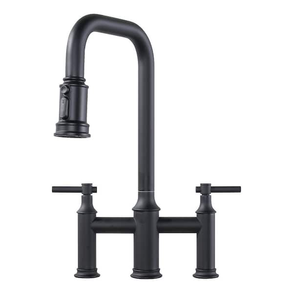 3-Holes Double Handle Brass Bridge Kitchen Faucet with 3-Modes Pull-Down Sprayer and High Arc Spout in Matte Black