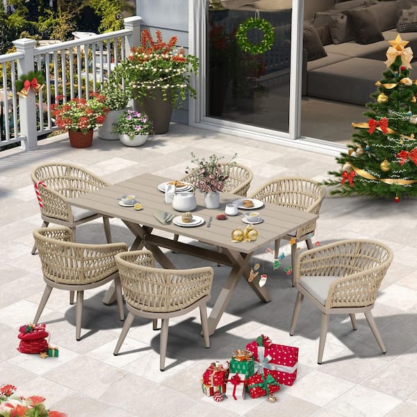 7-Piece Aluminum All-Weather PE Rattan Rectangular Outdoor Dining Set with Cushion, Champagne