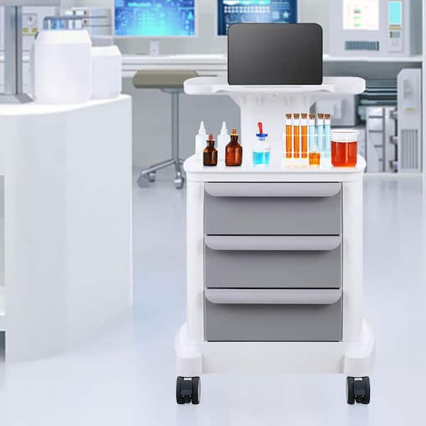 SKYSHALO 4-Tiers Lab Carts, White, Resin, Kitchen Cart, with 3-Drawers and 1-Top Tray, Lab Rolling Cart, Mobile Medical Cart