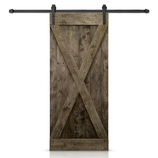 CALHOME 30 in. x 84 in. Distressed X Series Espresso Stained DIY Wood Interior Sliding Barn Door with Hardware Kit