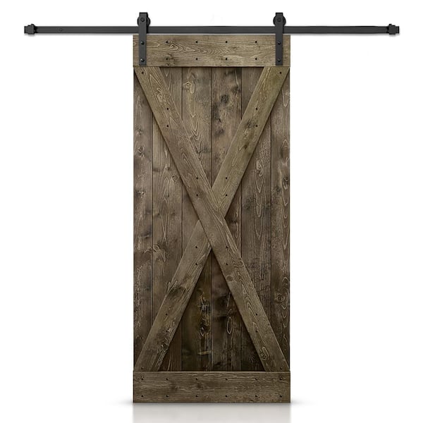 CALHOME 32 in. x 84 in. Distressed X Series Espresso Stained DIY Wood Interior Sliding Barn Door with Hardware Kit
