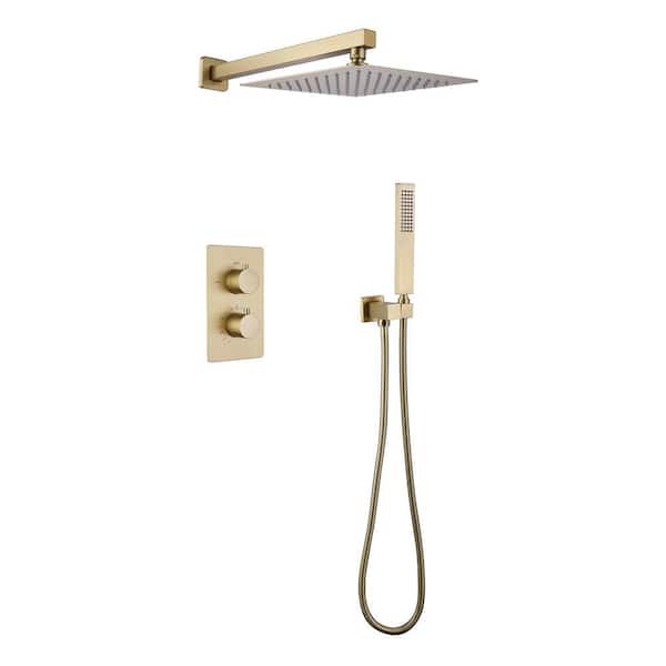 FORCLOVER 1-Spray Patterns with 1.8 GPM 10 in. Wall Mount Rain Dual Shower Heads in Brushed Gold