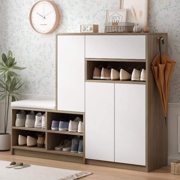 Cesicia 2-in-1 43.4 in. H x 55.1 in. W White Wood Shoe Storage Bench and Shoe Cabinets with Padded Seat with Adjustable Shelves