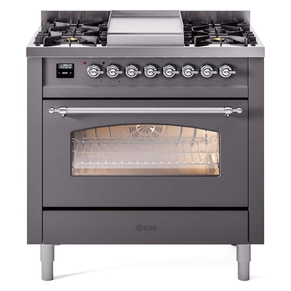 Nostalgie II 36 in. 6 Burner plus Griddle Freestanding Dual Fuel Liquid Propane Range in Graphite Matte with Chrome Trim -  ILVE, UP36FNMPMGCLP