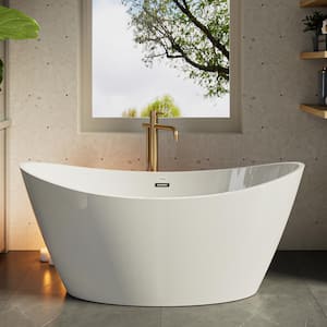 59 in. Acrylic Freestanding Bathtub Flatbottom Deep Soaking Tub for Adults in White