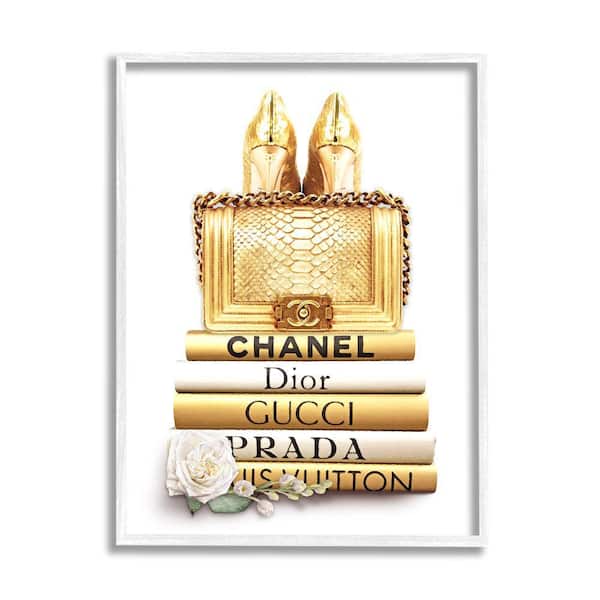 Stupell Industries "Divine Golden Fashion Purse on Glam Designer Bookstack" by Ros Ruseva Framed Abstract Wall Art Print 24 in. x 30 in.