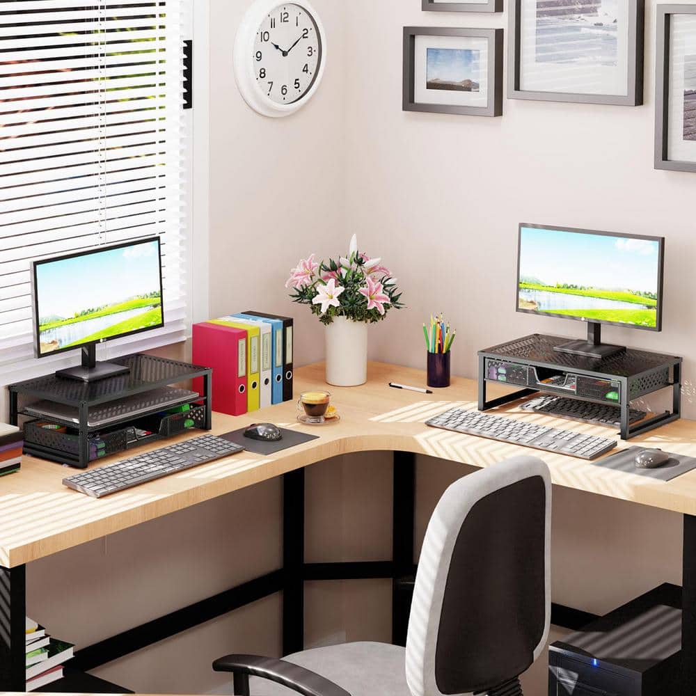 Black Metal Mesh Monitor Stand with Storage Drawers