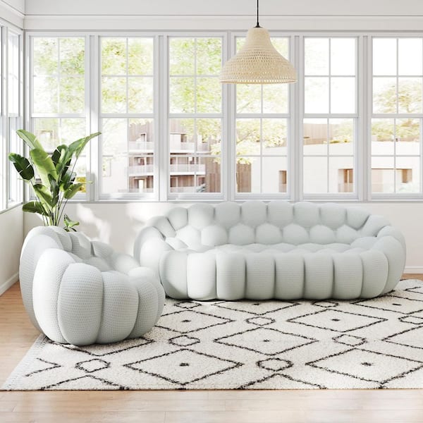 (Set of 2) Bubble Sofa, 98.4 in. Gray Mesh Fabric Armless Curved Sectional Sofa Set 3-Seater Floor Couch with Chair