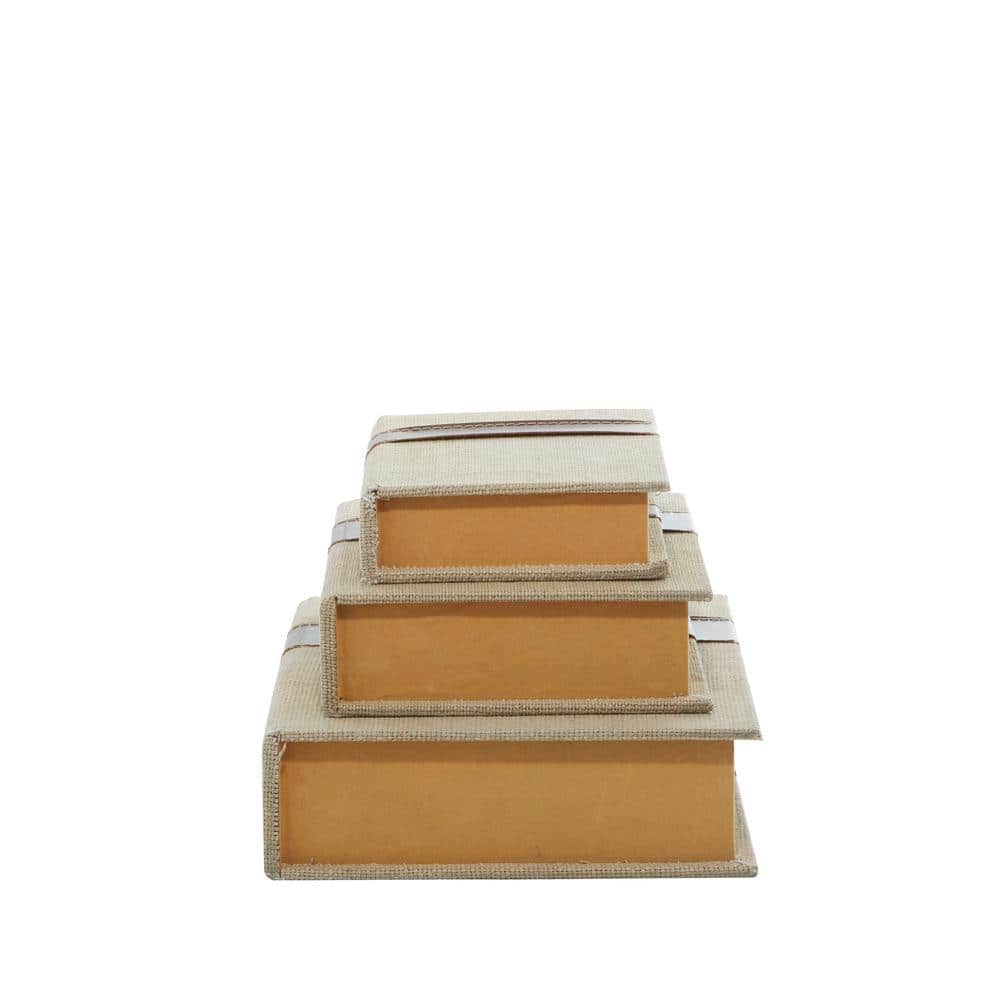 Set of 3 Beige and Brown Burlap Faux Leather Book Boxes
