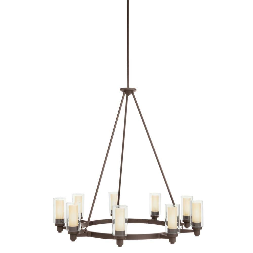 Olde Bronze 9-Light Chandelier with Clear and Umber Etched Glass