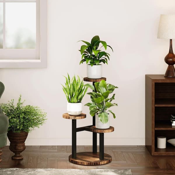 OGETFUUR 3-Tier (12.9 in. W x 20.9 in. H) Tall Metal Wood Plant Stand, Small Flower Pot Holder, Indoor Garden Accessories