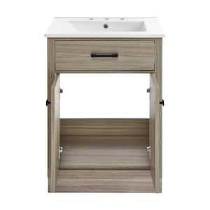 Burdon 24 in. W Bathroom Vanity in Brown Oak with White, 3-Hole Ceramic Sink Top