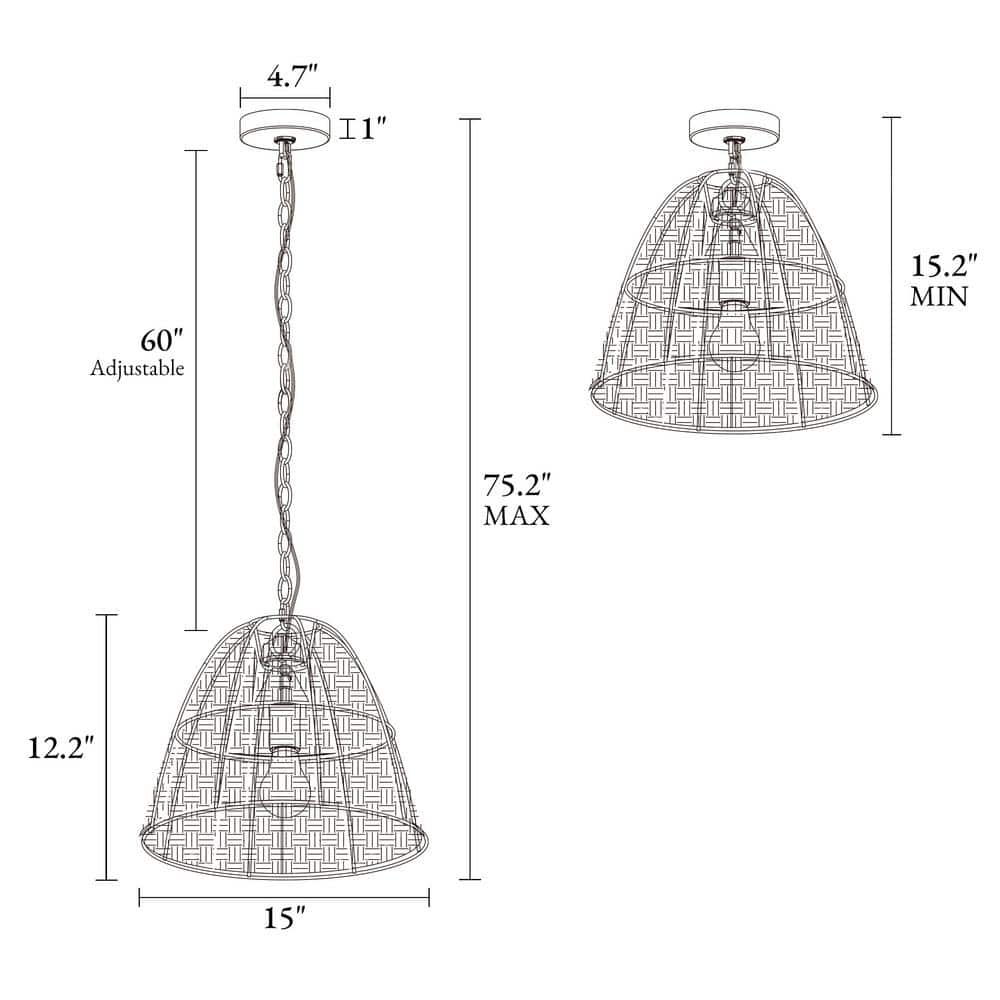 Holophankton 15" Matte Black and Natural Rattan Dome Pendant Light