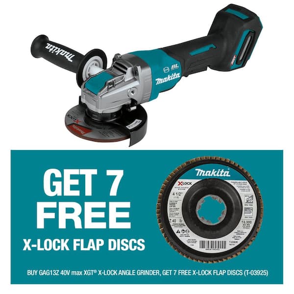 Makita 40V max XGT Brushless Cordless 5 in. X-LOCK Paddle Switch Angle Grinder with bonus X-LOCK 40-Grit Flap Disc (Qty 7)