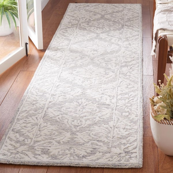 Metro Dark Grey/Ivory 2 ft. x 9 ft. Border Floral Runner Rug