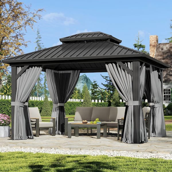 12 ft. x 10 ft. Steel Frame Double Metal Roof Gazebo with Hooks, Curtains, and Netting
