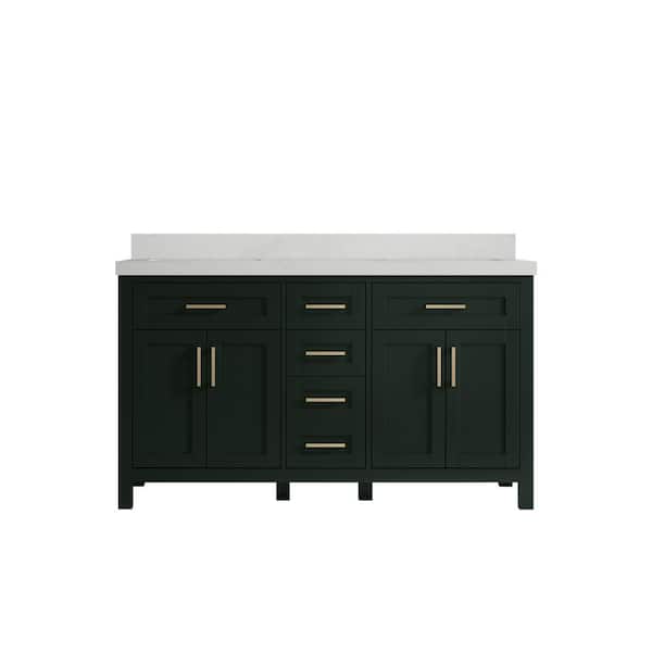 Willow Collections Cambridge 60 in. W x 22 in. D x 36 in. H Double Sink Bath Vanity in Dark Green with 2 in Carrara Quartz Top