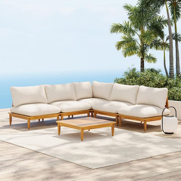 Sacova 6-Piece Armless Solid Wood Outdoor Patio Conversation Seating Sofa Set with Beige Cushions, V Shaped, Teak Finish