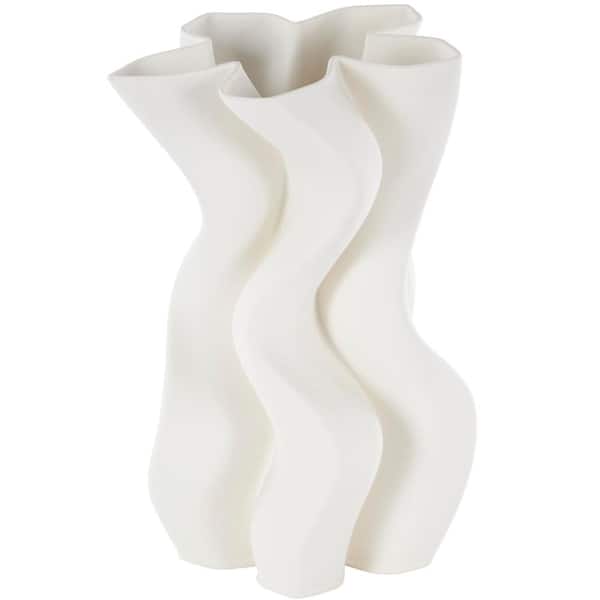 Litton Lane White Ribbed Dimensional Wavy Ceramic Abstract Decorative Vase with Floral Shaped Rim