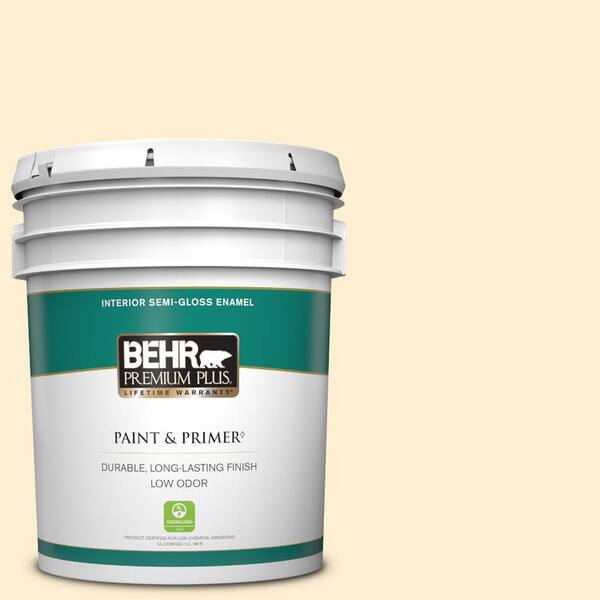 BEHR PREMIUM PLUS 5 gal. #YL-W03 Honied White Semi-Gloss Enamel Low Odor Interior Paint & Primer
