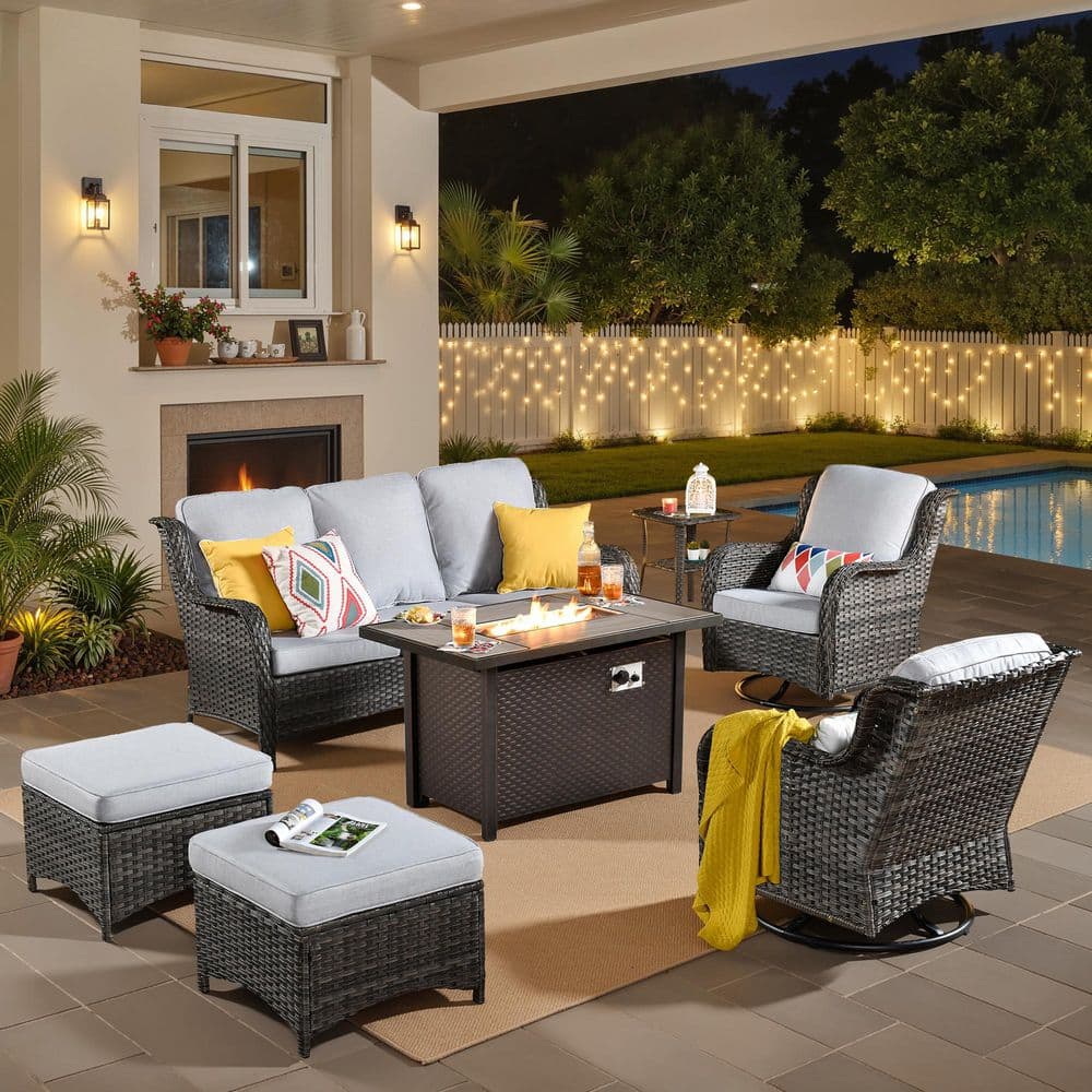 OVIOS Janus Gray 7-Piece Wicker Outdoor Patio Rectangle Fire Pit